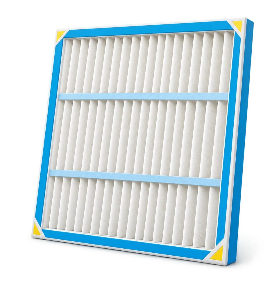 3D illustration of a clean pleated air filter in a blue-and-white frame.