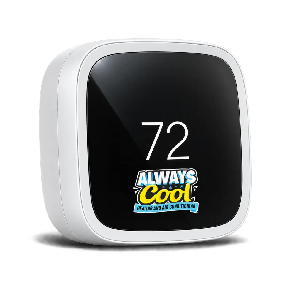 3D illustration of a thermostat displaying 72 with an Always Cool Heating and Air Conditioning logo sticker on its face.