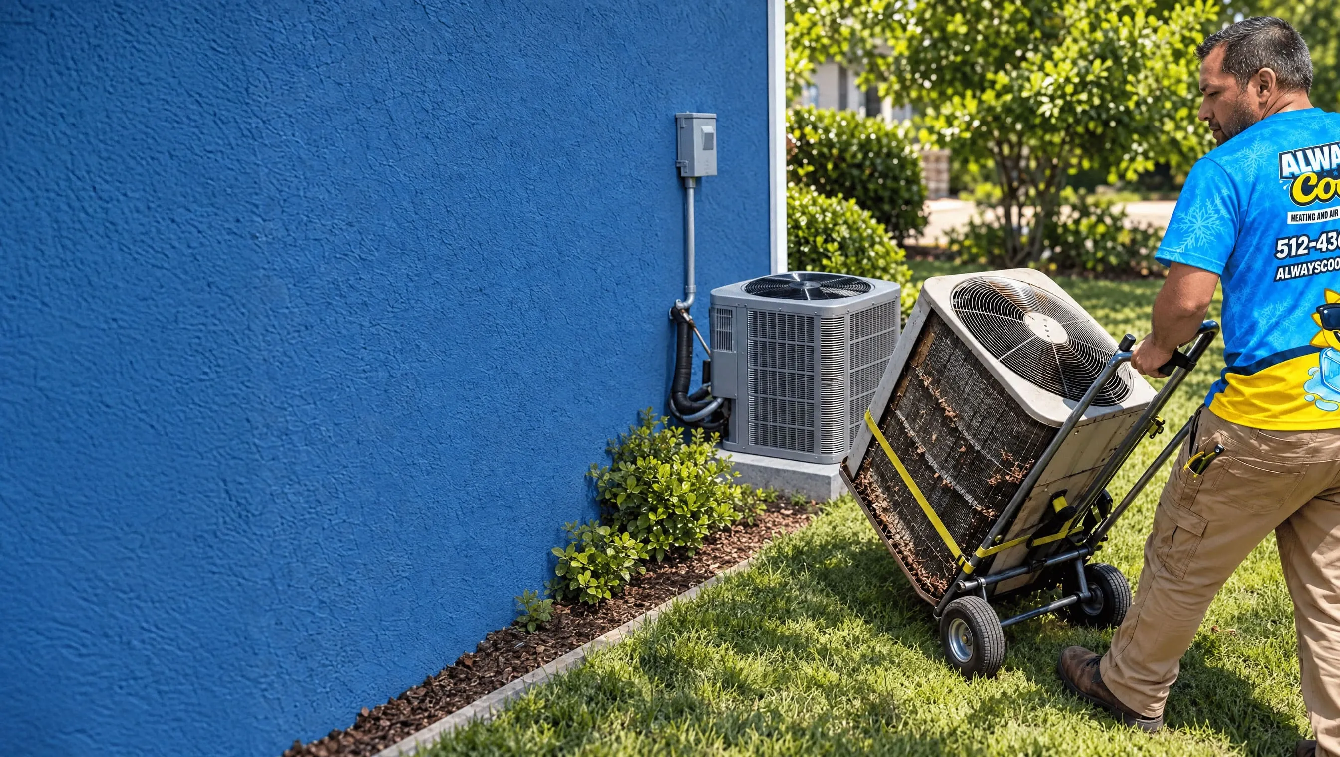 An installer in a blue-and-yellow Always Cool shirt wheeling away an old air-conditioning unit, with a new system installed beside a blue stucco house wall.