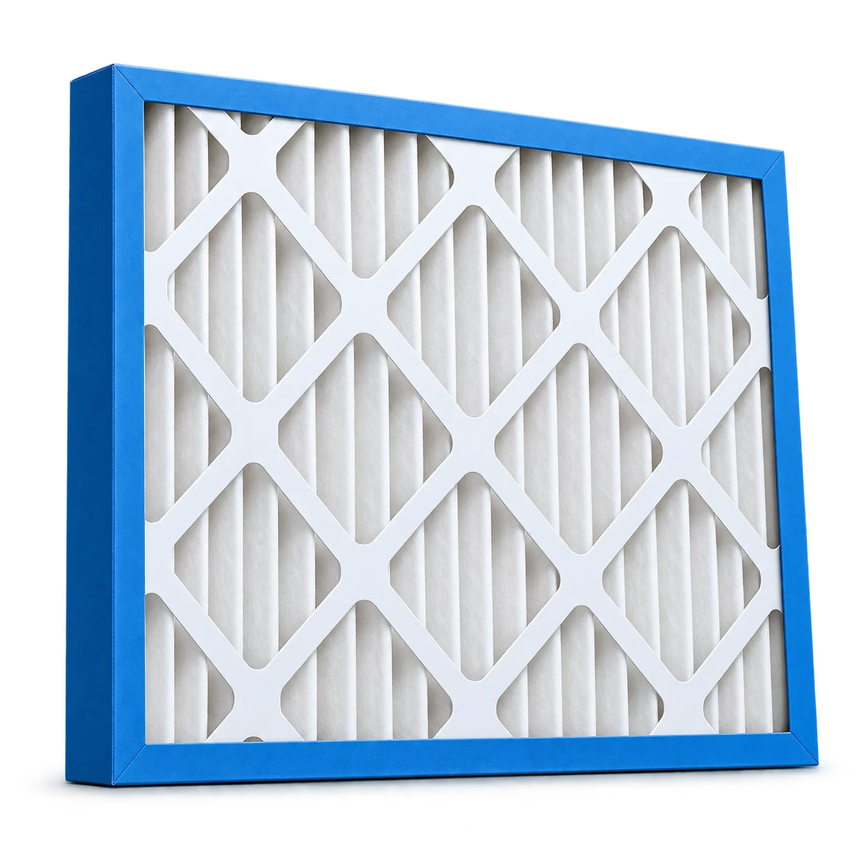 Illustration of a white pleated air filter in a blue frame.