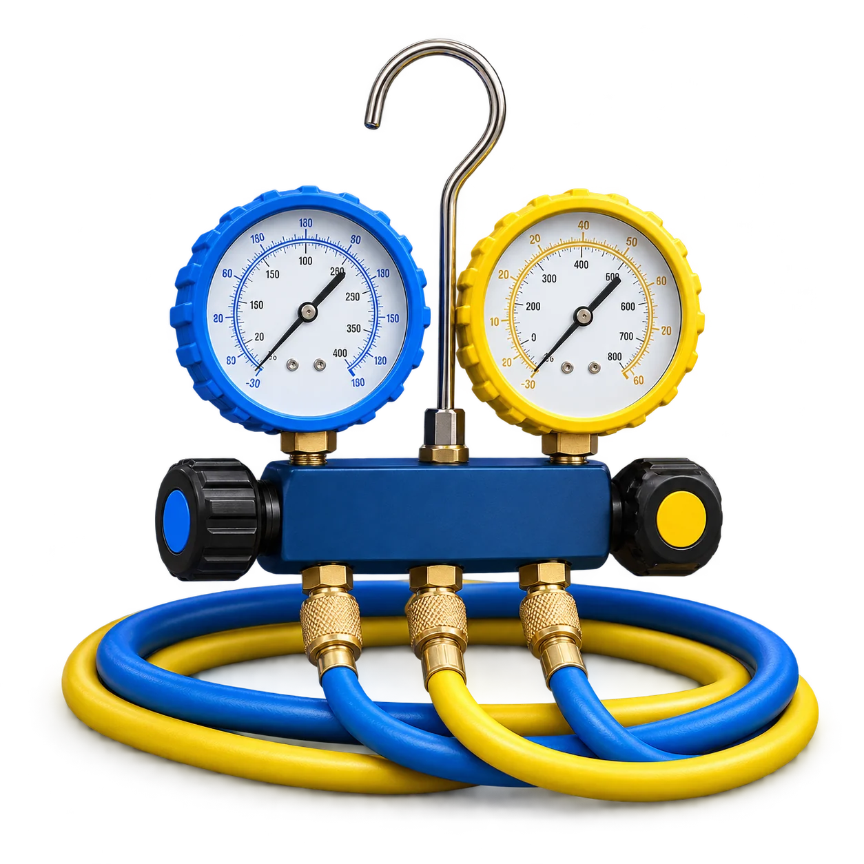 Illustration of blue and yellow HVAC service gauges used during system testing.