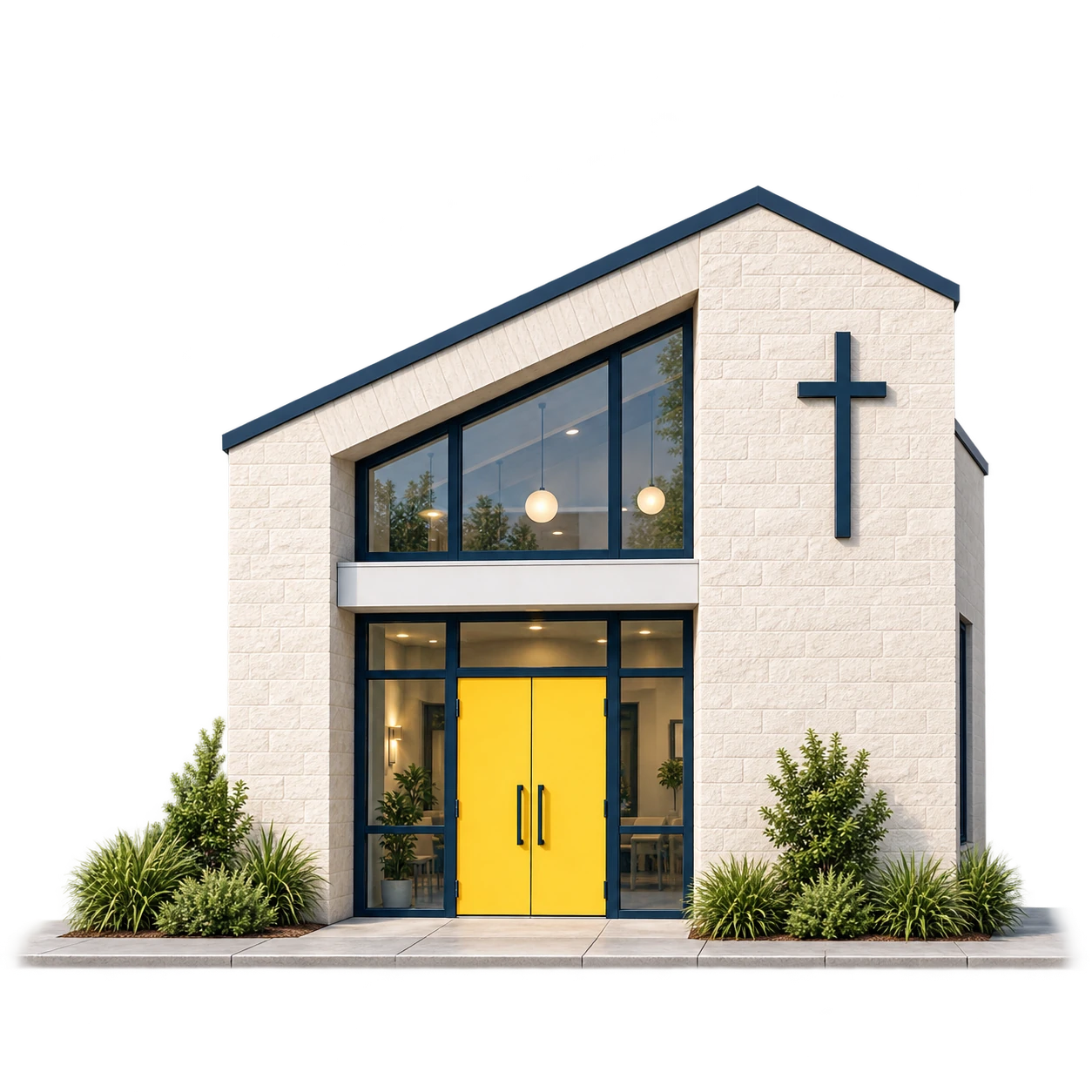 Illustrated neighborhood church with limestone walls, navy glazing, and yellow doors.